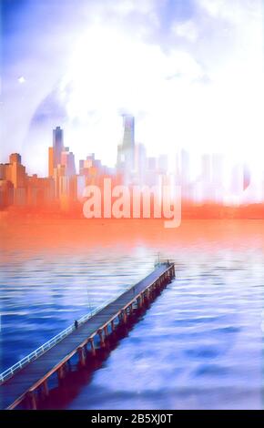 Science-Fiction-Buch-Cover-Design. Außerirdische Planetenlandschaft - Pier, der sich bei Sonnenuntergang mit Wolkenkratzern und digitaler Illustration auf dem Planeten in den Ozean erstreckt. Stockfoto