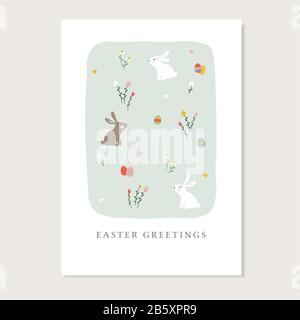 Niedliche Osterbegrüßungskarte, Einladung mit Kaninchen, bunte Ostereier und Blumen. Frühlings-Wiese, Garten. Saisonales flaches Design. Vektorgrafiken Stock Vektor