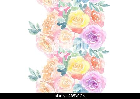 Aquarell Roses Meer ohne Rand. Lebendiger Blumenhintergrund. Botanische, handgezeichnete Abbildung. Bunte Blumen und Blätter auf Weiß für die Hochzeit Stockfoto
