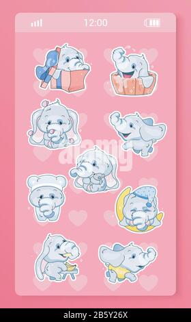 Cute Baby Elephant mobile App kawaii Cartoon Characters Stickers Pack. Digitale Patches für Messaging-Anwendungen mit girligen Anime-Zoo-Tieren Stock Vektor