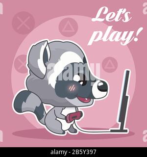 Süße Raccoon kawaii Charakter Social Media Post Mockup. Lassen Sie die Beschriftung wiedergeben. Positivplakat, Kartenvorlage mit Computerspiel "Animal Playing". Sozial Stock Vektor