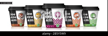 Design mit Vektorverpackungen für Eis. Obst und Nüsse Eiscreme Set. Stock Vektor