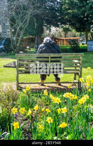 Senior man sitzt auf der Bank im Kirchhof, mit Frühlings-Narben. Stockfoto