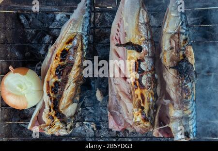 Fische (Makrelen) auf dem Grill im Garten. Kleine Grillparty im Garten. Stockfoto