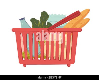 Lebensmittel im Warenkorb, Gemüse und Brot, Milchflasche Stock Vektor