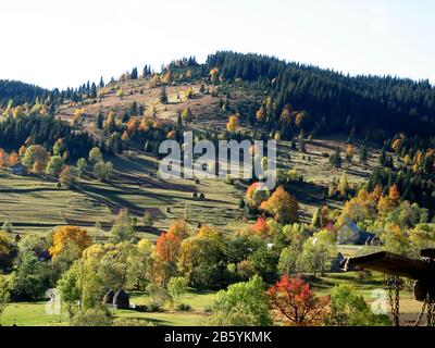 Ruhige siebenbürgische Hügel an einem sonnigen Herbsttag Stockfoto