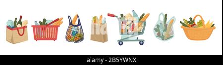 Supermarkt oder Markt Lebensmittel in Korb und Papiertüte, Handtasche oder Einkaufswagen Stock Vektor