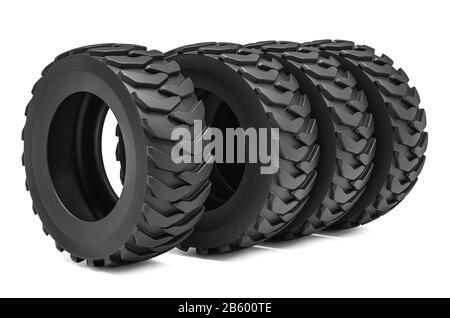 Reifen für hohe Beanspruchung oder Reifen für Lastwagen. 3D-Rendering isoliert auf weißem Hintergrund Stockfoto