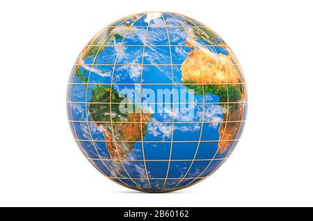 Earth Globe mit Meridianen und Parallelen, 3D-Rendering isoliert auf weißem Hintergrund Stockfoto