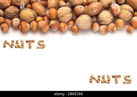 Reihe von auf weißem Hintergrund isolierten Nussstellen Stockfoto