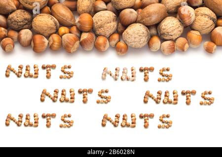 Reihe von auf weißem Hintergrund isolierten Nussstellen Stockfoto