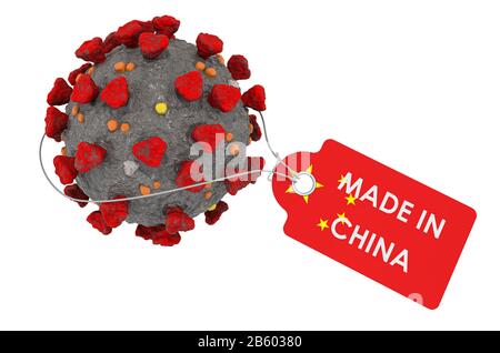 Chinesisches Coronavirus mit Tag aus China. 3D-Rendering isoliert auf weißem Hintergrund Stockfoto