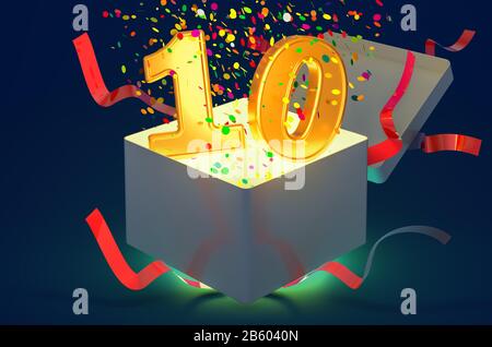 Nummer 10 in der Geschenkbox mit Konfetti und glänzendem Licht, 3D-Rendering auf dunkelblauem Hintergrund Stockfoto