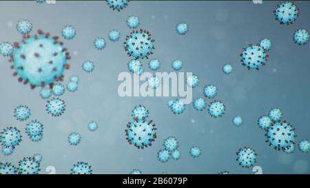 Abstrakter Virushintergrund, Grippevirus oder COVID-19. Der Virus infiziert Zellen. COVID-19 unter dem Mikroskop, Erreger, der die Atemwege beeinflusst Stockfoto