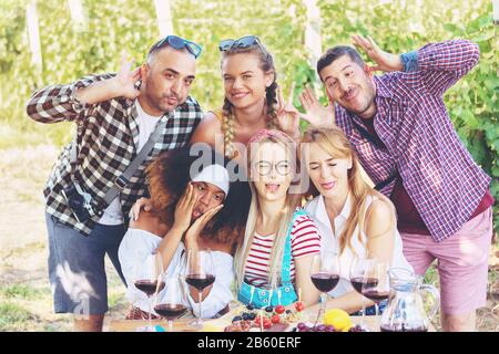 Multiraculturelle Gruppe glücklicher Menschen, die selfie mit lustigen Gesichtern auf Picknick-Sommerparty nehmen - Freundschaftskonzept Stockfoto