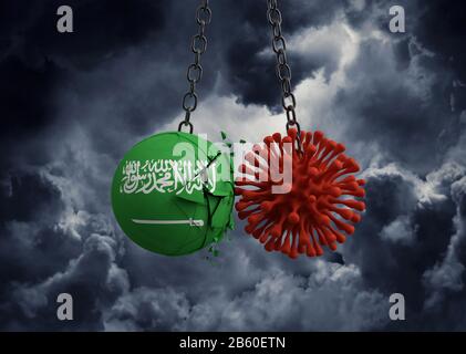 Virus-Mikrobe zerschlägt sich in Saudi Arabien Flaggenball. 3D-Rendering Stockfoto