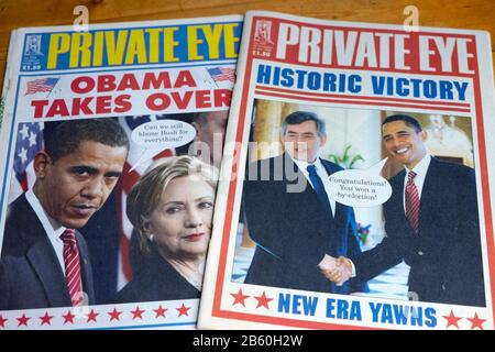 Titelblatt des Private Eye-Magazins Headline "Obama übernimmt" zusammen mit Hillary Clinton im Januar 2009 London England UK Stockfoto