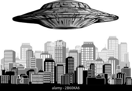 UFO in Nachthimmel über der Stadt mit strahlendem Strahl. Stock Vektor