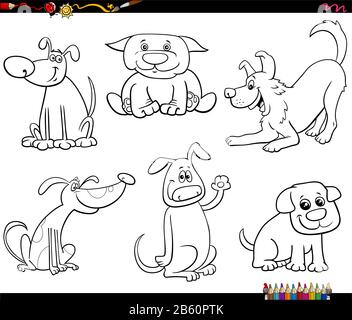 Schwarz-weißes Cartoon Illustration von Hunden und Welpen Niedliche Tierfiguren Set Farbband Seite Stock Vektor