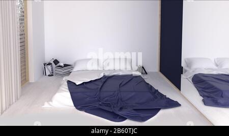 Moderne Einrichtung eines Schlafzimmers mit Bodenbett und schrank. Die Idee ist, dass ein Schlafzimmer sauber und gemütlich, entspannend und interessant sein sollte. Stockfoto