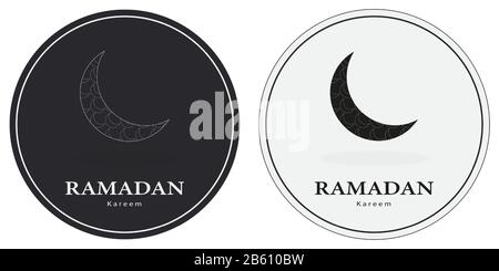 Ramadan Kareem rund Grußkarte. Islamisches Halbmond-Kuppelsymbol im Kreis, auf schwarzem und weißem Hintergrund. Isolierte Vektorillusrtration. Stock Vektor