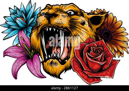 Tiger Kopf Gesicht und Zusammensetzung Blumen gelbe Sonnenblumen Rosen Vektor Illustration Stock Vektor