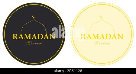 Ramadan Kareem rund Grußkarte. Islamische Moschee und Halbmond-Kuppelikone im Kreis, auf gelbem und dunklem Hintergrund, mit moder desing technikqu Stock Vektor