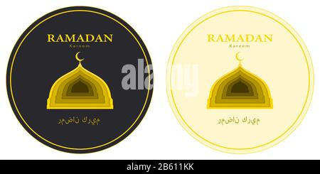 Ramadan Kareem rund Grußkarte. Islamische Moschee und Halbmond-Kuppelikon im Kreis, auf gelbem und dunklem Hintergrund, mit Papierschnitt-Technik. A Stock Vektor