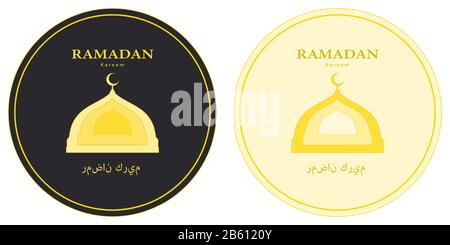 Ramadan Kareem rund Grußkarte. Islamische Moschee und Halbmond-Kuppelikone mit gelbem Ton in Kreisen, auf gelbem und dunklem Hintergrund, mit Papierschnitt t Stock Vektor