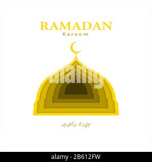 Ramadan Kareem Grußkarte. Islamische Moschee und Halbmond-Kuppelikone in Papierschnitt-Technik. Arabischer und lateinischer Text. Isolierte Vektorillusrtration. Stock Vektor