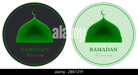 Ramadan Kareem rund Grußkarte. Islamische Moschee und Halbmond-Kuppelsymbol im Kreis, auf grünem und dunklem Hintergrund, mit Papierschnitt-Technik.ISO Stock Vektor