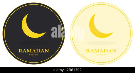 Ramadan Kareem rund Grußkarte. Islamisches Halbmond-Kuppelsymbol im Kreis, auf gelbem und dunklem Hintergrund. Isolierte Vektorillusrtration. Stock Vektor
