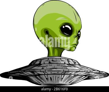 Alien sitzt in einer fliegenden Untertasse.Handgezeichneter Stil.Raum wissenschaftliche Vektorillustration Stock Vektor