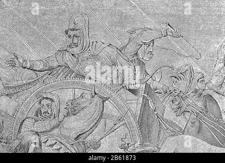 Darius in der Schlacht bei Issus, Detail eines Mosaiks, das in Pompeji gefunden wurde, die Schlacht bei Alexander, Die Schlacht bei Issos, auch Issus, Im November 333 v. Chr. kam es zur ersten direkten Begegnung der Warlords Alexander des Großen auf Mazedonisch und Darius III. Auf persischer Seite / Dareios in der Schlacht bei Issos, Detail einer Mosaik gefundten in Pompeji, die Alexanderschlacht, die Schlacht bei Issos, auch Issus, Im November 333 v. Chr. war das erste Direktorium des Kriegsschranders Alexander des großen auf Makedonischer und Dareios III. Auf persischer Seite, historisch, digital verbessertes Reprod Stockfoto