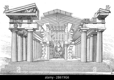 Bau eines griechischen Tempels: Der Zeu-Tempel bei Olympia, Umbau durch Chipiez/Bau eines griechischen Tempels: Der Zeustempel zu Olympia, Rekonstruktion von Chipiez, historisch, digital verbesserte Wiedergabe eines Originals aus dem 19. Jahrhundert / Digitale Produktion einer Originalanlage aus dem 19. Jahrhundert. Jahrhunderts Stockfoto