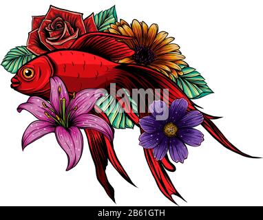 Goldfischschwimmen. Zentangle stilisierter Cartoon isoliert auf weißem Hintergrund. Stock Vektor