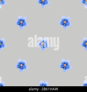 Muster mit blauer Papierblume auf grauem Hintergrund. Flache Lage, Draufsicht, Ansicht von oben. Fotografische Collage und nahtloses Muster Stockfoto