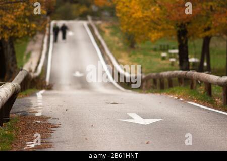 Weiße Pfeilschilder auf der Straße mit Holzgeländern und unfokussierten Menschen im Hintergrund, die in Las Dehesas, Cercedilla, spazieren. Stockfoto