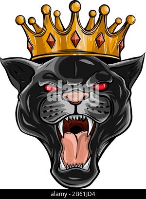 Schwarzer Panther mit Krone auf dem Kopf und offenem Mund, auf weißem Hintergrund Stock Vektor