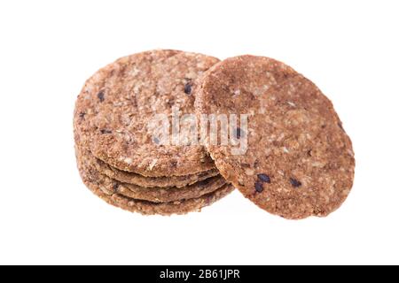 Mehrere Haferflocken in einem Stapel. Auf weißem Hintergrund. Stockfoto