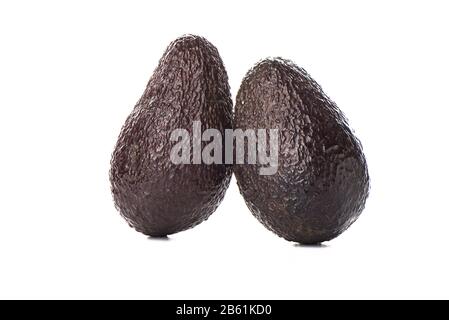 Zwei haas-avocado-Früchte isoliert über dem weißen Hintergrund. Eine Ernährung tropischer Früchte, die eine große Anzahl von Spurenelementen und Makrozellen enthält. C Stockfoto