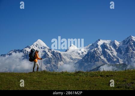 Tourist mit orangefarbener Jacke gegen Berge mit Schneehintergrund gekleidet. Alpine Wiese im Vordergrund. Stockfoto