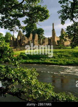 View SW Across River Wear to Finchale Priory, England, Großbritannien. St. Godric ließ sich Anfang der 1100er Jahre nach einem Leben als Seemann & Pilger hier als Einsiedler nieder. Stockfoto