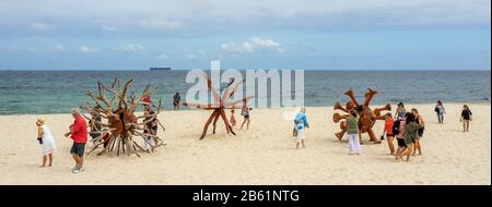 Viral Escapade aus Holz von Marcus Tatton Sculptor Artist in Sculpture by the Sea Exhibition Cottesloe Beach Perth WA Australia Stockfoto