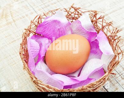 Hühnerei in einem Nest mit Kronblättern. Zu Ostern. Stockfoto