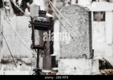 Alte, zerstörte und überwucherte Denkmäler auf Gräbern auf dem Wiener Zentralfriedhof, Begriff der Trauer und Tragödie Stockfoto