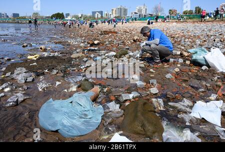 Buenos Aires, Deutschland. September 2019. Freiwillige reinigen einen Abschnitt des Strandes des Rio de la Plata in Buenos Aires während einer Aktion der Botschaft der Europäischen Union in Buenos Aires. Weltweite Nutzung Credit: Dpa / Alamy Live News Stockfoto