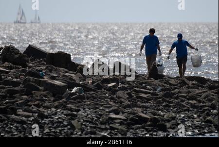 Buenos Aires, Deutschland. September 2019. Freiwillige reinigen einen Abschnitt des Strandes des Rio de la Plata in Buenos Aires während einer Aktion der Botschaft der Europäischen Union in Buenos Aires. Weltweite Nutzung Credit: Dpa / Alamy Live News Stockfoto