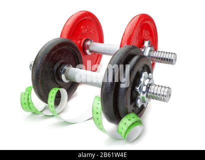 Zwei Hanteln für Fitness- und Messgerät. Auf weißem Hintergrund. Stockfoto