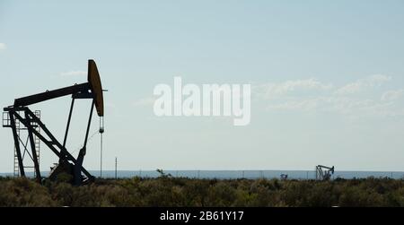 Vaca muerta Field. Ölpumpenheber pumpt Rohöl aus dem Boden in Neuquen, Argentinien Stockfoto